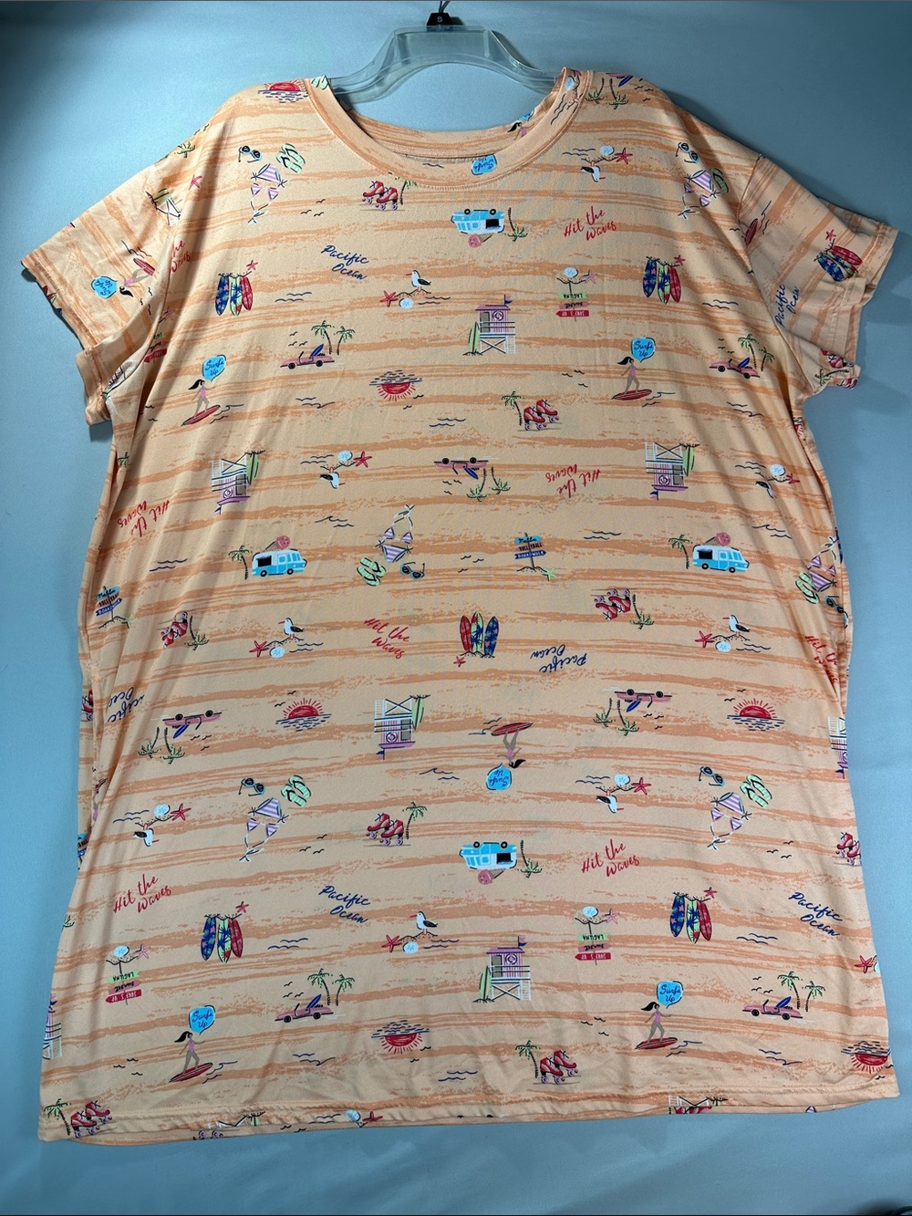 Women's Peach Beach-Print Night Shirt Pajama dress one piece pockets